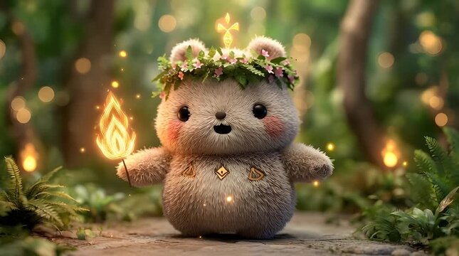 Chubby adorable bear cub holding glowing flame in forest magic ceremony