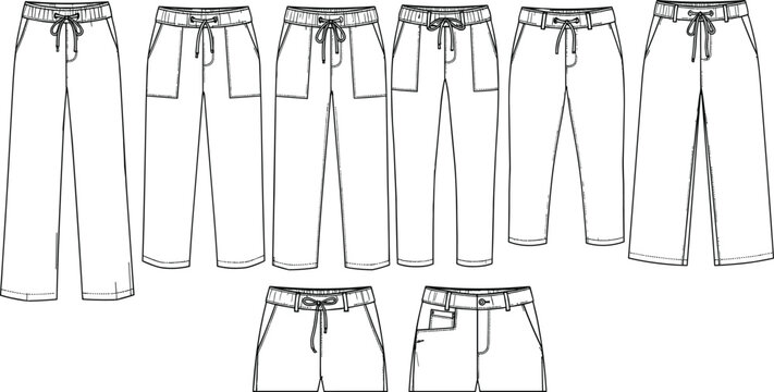 Fashion technical sketch vector collection featuring women drawstring pants sweatpants trousers and shorts templates for apparel design