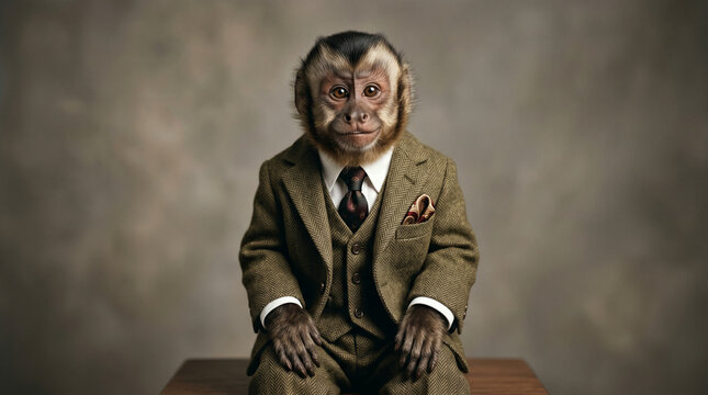Charming Capuchin Monkey Wearing a Vintage Tweed Suit and Silk Tie in Studio Portrait