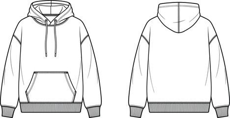 Unisex oversized hoodie technical flat sketch illustration with kangaroo pocket and drawstrings front and back view fashion template © MdAminur