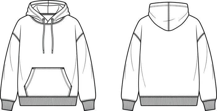 Unisex oversized hoodie technical flat sketch illustration with kangaroo pocket and drawstrings front and back view fashion template