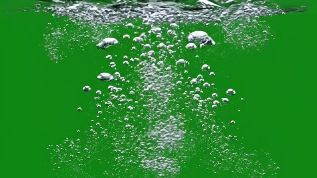 Realistic water bubbles rising up fast on green screen background, fresh liquid bubbling under water chroma key animation effect, clear sparkling oxygen drop stream for transition and overlay.