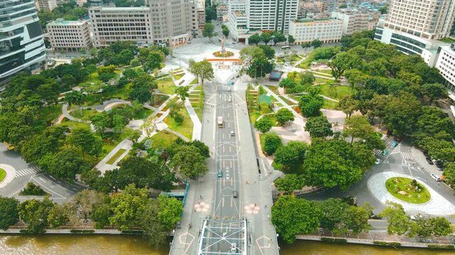 Aerial view of Singapore civic district park and boulevard by the river