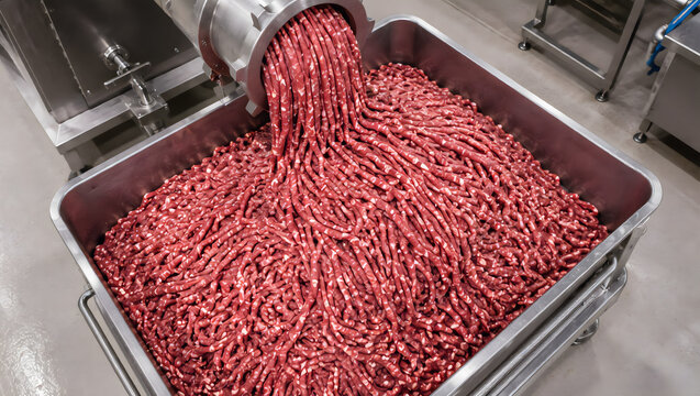 Industrial raw meat grinding process for automated pet food manufacturing production line