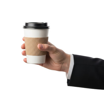 Person holding a takeaway coffee cup with sleeve isolated on transparent background