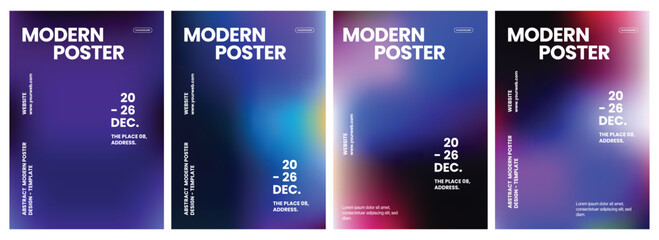 Four vibrant abstract poster templates featuring smooth colorful gradient backgrounds with bold typography and organized layout elements for professional event flyers or creative corporate marketing © Sameer