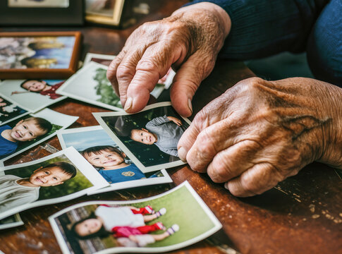 Senior hands holding family photographs and remembering the past