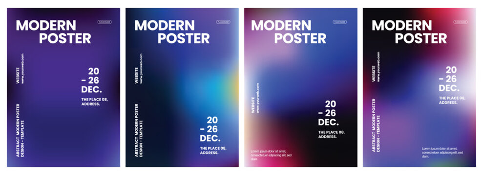Four vibrant abstract poster templates featuring smooth colorful gradient backgrounds with bold typography and organized layout elements for professional event flyers or creative corporate marketing