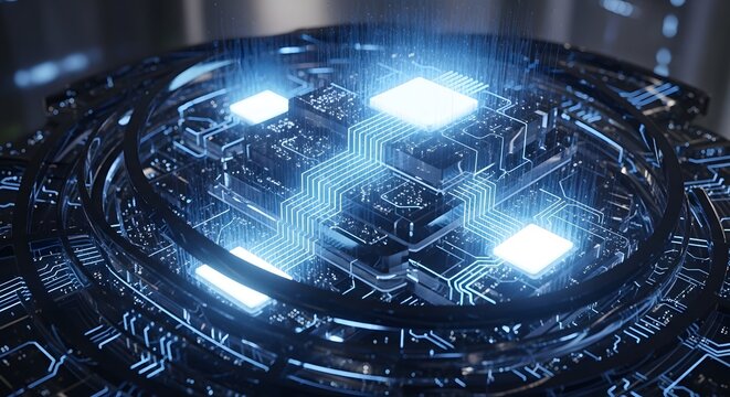 Futuristic circuit board with data stream technology concept