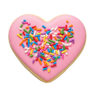 Pink heart-shaped cookie covered in colorful sprinkles isolated on transparent background