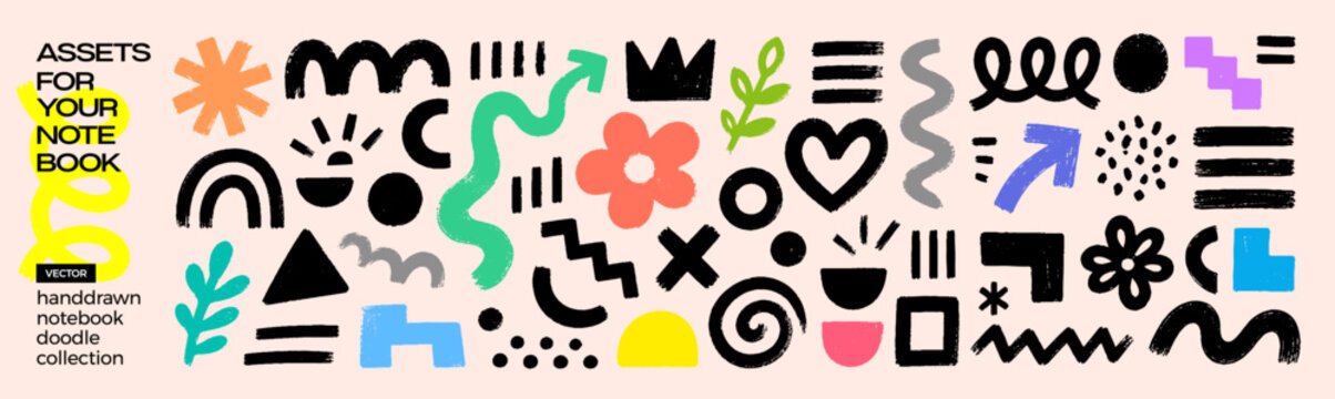 Hand-drawn doodle elements collection for notebooks, featuring abstract shapes, floral motifs, arrows, and lines in various colors. Playful and creative graphic assets.