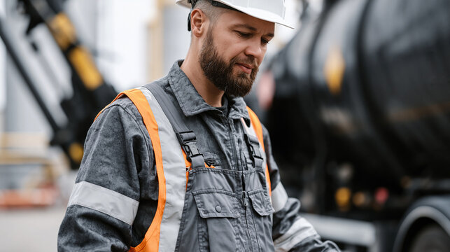 Fuel depot worker in reflective coveralls operating tanker truck bottom loading arm at product gantry, grounding cable connected, petroleum bulk terminal, fuel storage facility,