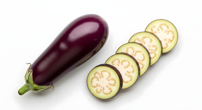 Fresh vibrant purple eggplant and perfectly sliced rounds displayed on a clean white studio surface