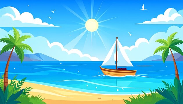 Cartoon-style coastal scene with a sailing boat, palm trees, sun, clouds, and a beach. Blue sky and sea contrast with the sandy shore