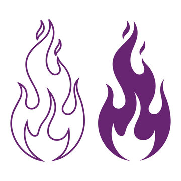 Purple fire flame vector icons, stylized violet bonfire silhouettes, minimalist burning heat symbols for logo design and graphic branding