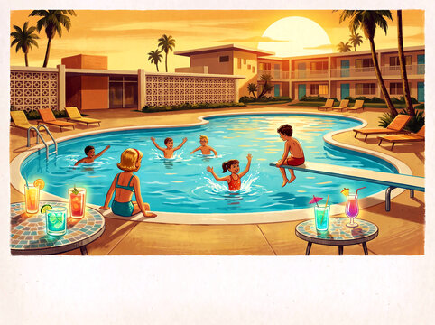 Retro Style Illustration of Children Playing in a Motel Pool