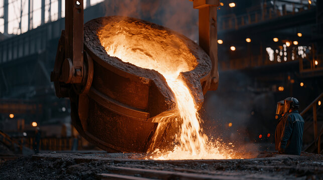 Steel mill furnace taphole pouring torrents of molten steel into refractory-lined ladle, two metallurgists in face shields observing pour, basic oxygen furnace operation, primary