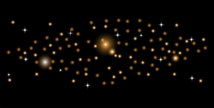 Group of golden particles with twinkling stars on deep black background wallpaper.