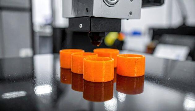 Close-up of a precision nozzle depositing molten material onto small orange cylindrical objects