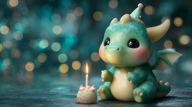 Adorably chubby green baby dragon celebrating with a birthday cake and candle