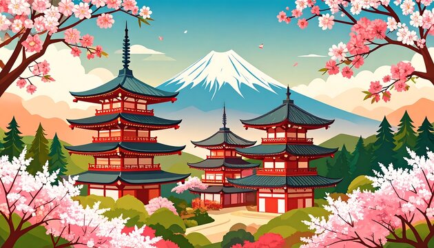 Cartoon-style depiction of Asian landscape featuring pagodas, cherry blossoms, and a snow-capped mountain against a clear blue sky