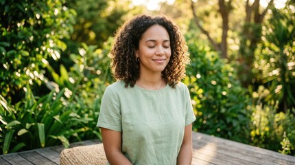 Fototapeta premium Portrait of Smiling Young African Woman in Lush Green Nature