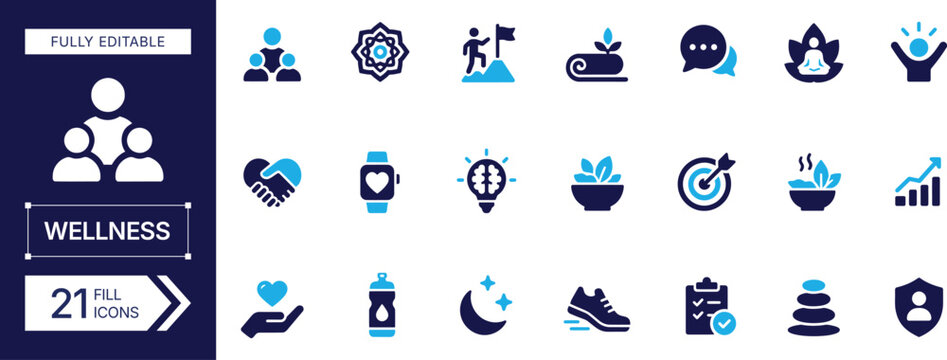 Set of 21 wellness and healthy lifestyle flat fill icons. Yoga, meditation, balance, mindfulness and more vector illustration