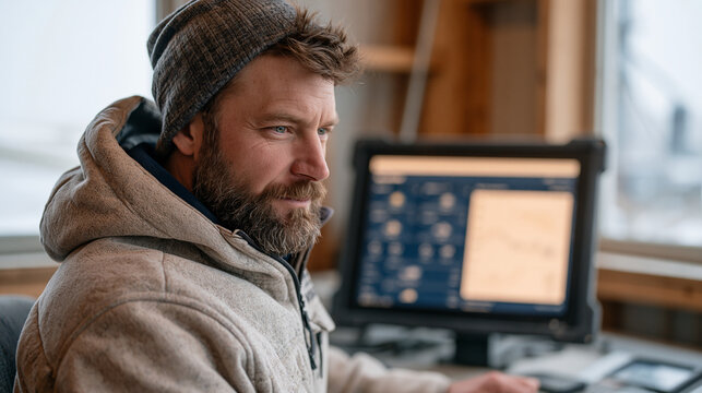 Farm-specific weather dashboard on a ruggedized touchscreen mounted inside a grain bin control room, a storage manager reviewing seven-day temperature and dew point forecasts