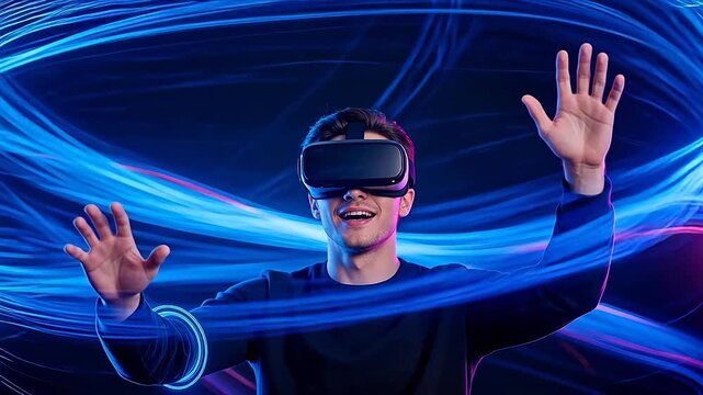 Man wearing VR headset with colorful light trails