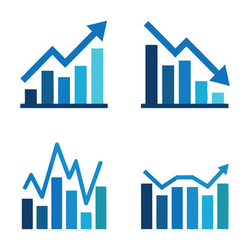 Financial growth bar charts with arrows, blue business data analytics icons, set of 4 vector infographic elements for market trends and statistics