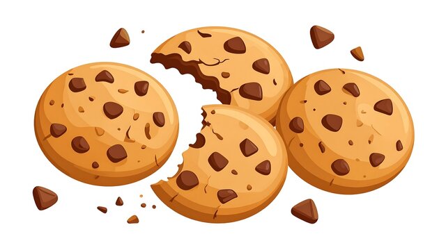 Cartoon-style illustration featuring several golden-brown, chocolate chip cookies with a few scattered chips. Some are broken
