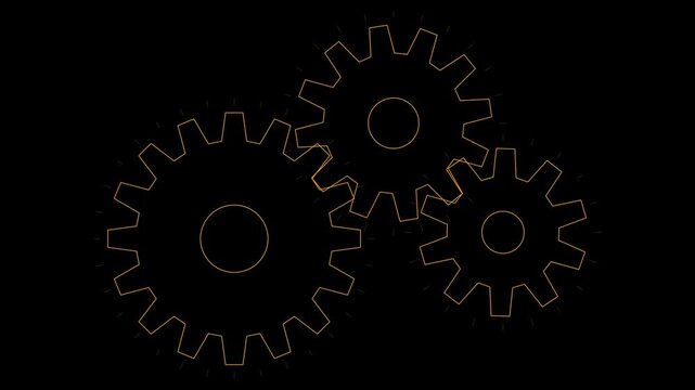 Rotating orange glowing gear wheels in motion on black background