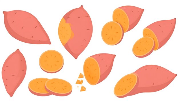 Cartoon-style illustration featuring various views of sweet potatoes. Some whole, others sliced to reveal the vibrant orange interior