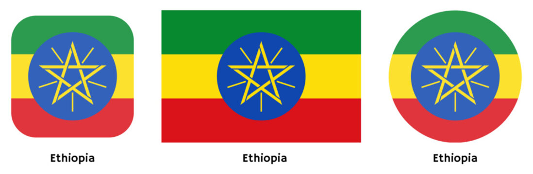 Ethiopia flag vector SVG in circle and square curved flag shapes with transparent background. Editable, scalable national flag design for branding, web, print, and digital media.