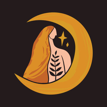 Abstract moon goddess lettering vector, minimalist spiritual woman silhouette, aesthetic reiki and yoga line art with botanical elements, mystical graphic clipart