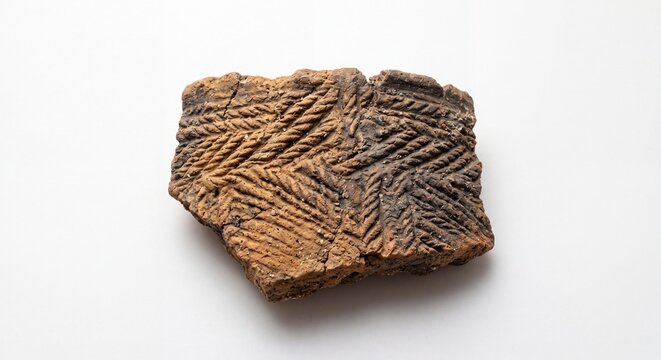 An ancient ceramic pottery shard featuring a distinct herringbone pattern isolated on white.