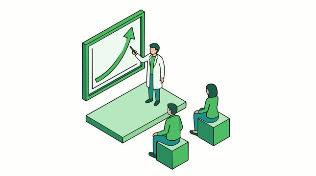 Isometric illustration of a climate scientist presenting rising global temperature data on a giant chart