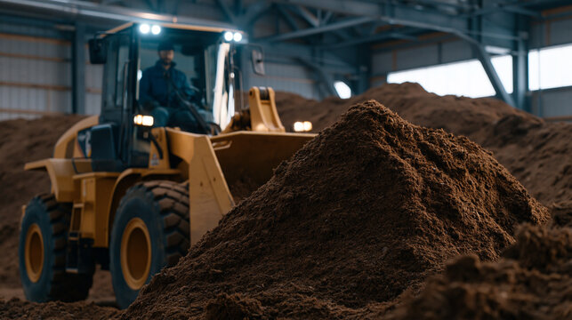 Composting automation scale tipping floor operations at a municipal organics facility, a machine operator using a front loader to feed windrow turner equipment as sensors log