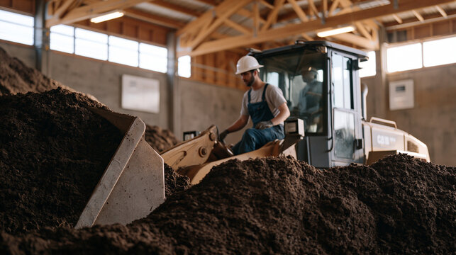 Composting automation scale tipping floor operations at a municipal organics facility, a machine operator using a front loader to feed windrow turner equipment as sensors log