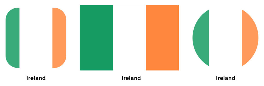 Ireland flag vector SVG in circle and square curved flag shapes with transparent background. Editable, scalable national flag design for branding, web, print, and digital media.