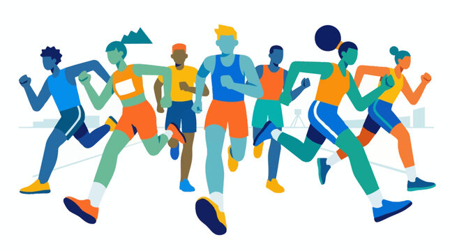 Diverse group of people running together in athletic wear with one person holding a torch