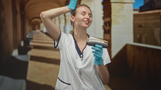 Woman dentist in white uniform holding a dental shade guide and touching head with gloved hand in a building corridor; care confidence.