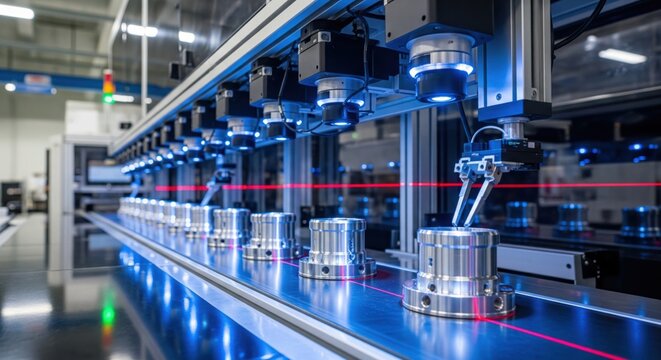 AI manufacturing inspection station scanning products on smart factory conveyor line, illustrating machine vision, industrial quality assurance and defect detection at scale workflow