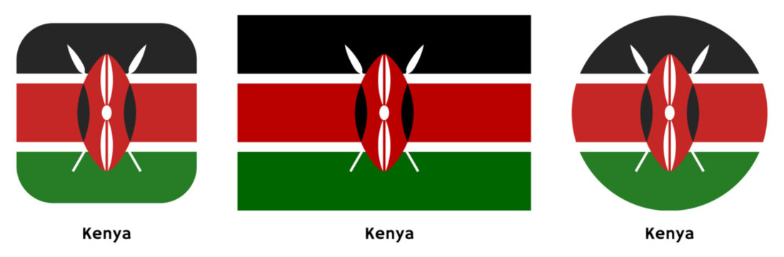 Kenya flag vector SVG in circle and square curved flag shapes with transparent background. Editable, scalable national flag design for branding, web, print, and digital media.