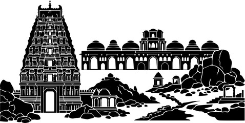 Indian Temple Hindu Landmark Black Silhouette Scene Vector Architecture Illustration Clipart © MinhajulIslam