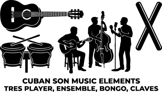Ban Son Music Ensemble Bongo Bass Guitar Player Black Silhouette Vector Illustration