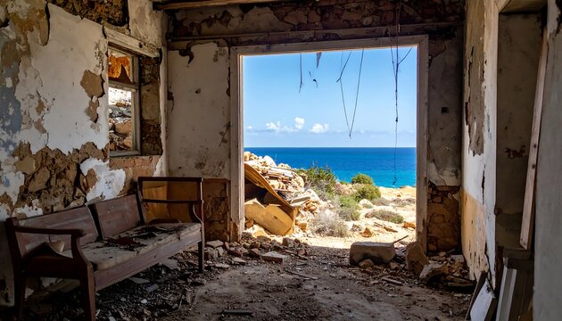 A dilapidated room with a view of the ocean through a gaping hole
