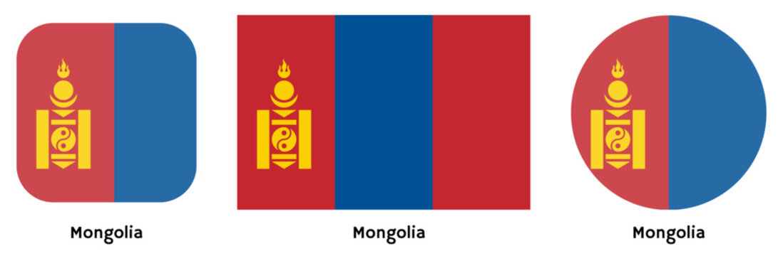 Mongolia flag vector SVG in circle and square curved flag shapes with transparent background. Editable, scalable national flag design for branding, web, print, and digital media.