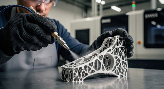 Technician cleaning titanium 3D printed aerospace bracket using precision air nozzle. Professional operator performing post-processing for advanced metal additive manufacturing sector.