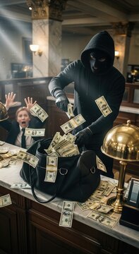 Man robber in mask stealing money from bank. Scared woman bank employee hands up during robbery. Concept of financial crime theft felony and criminal activity in interior building.